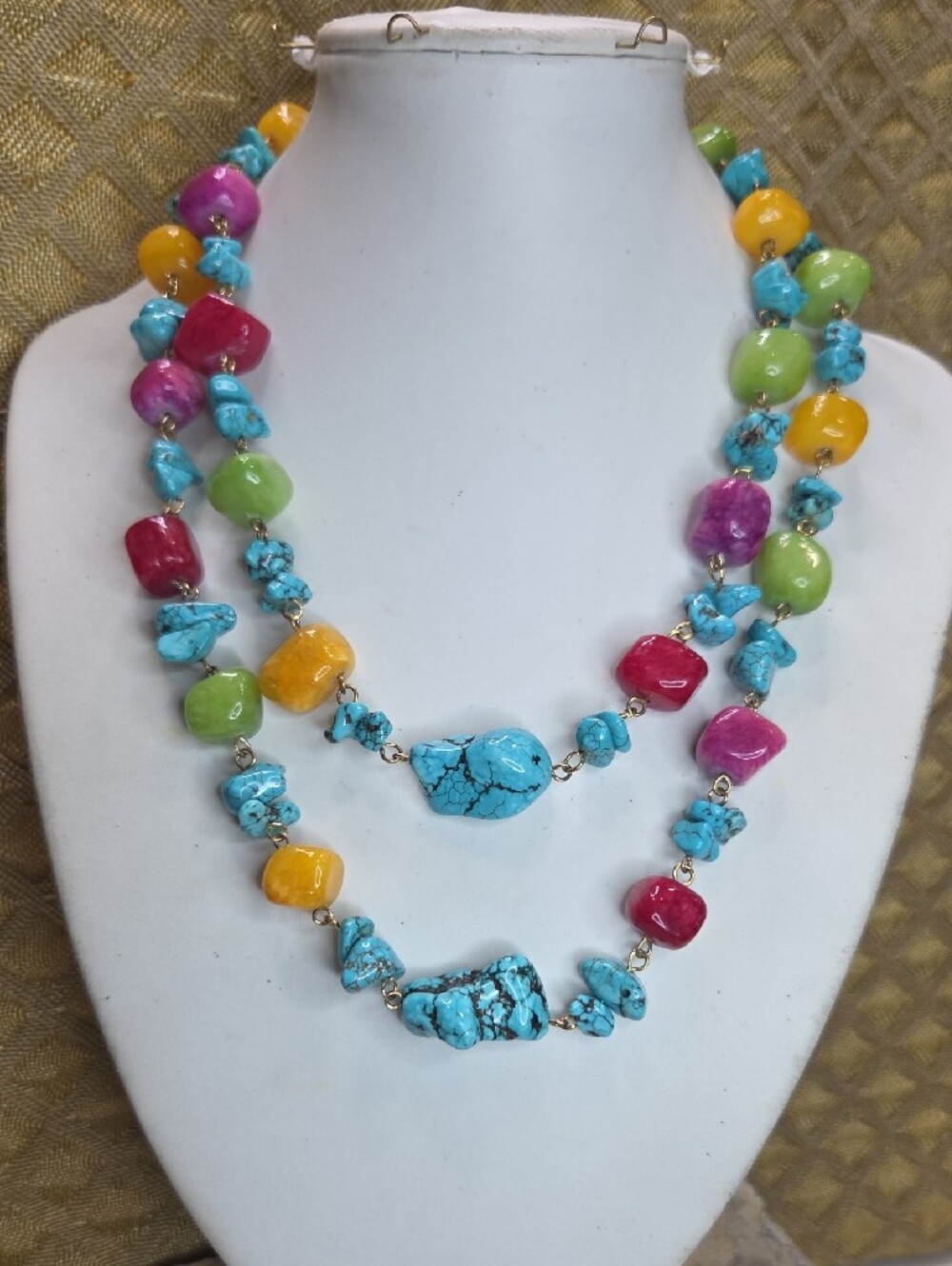 Colorful Turquoise Chip & Multicolor Jade Gemstone Bead Necklace - Women Jewelry